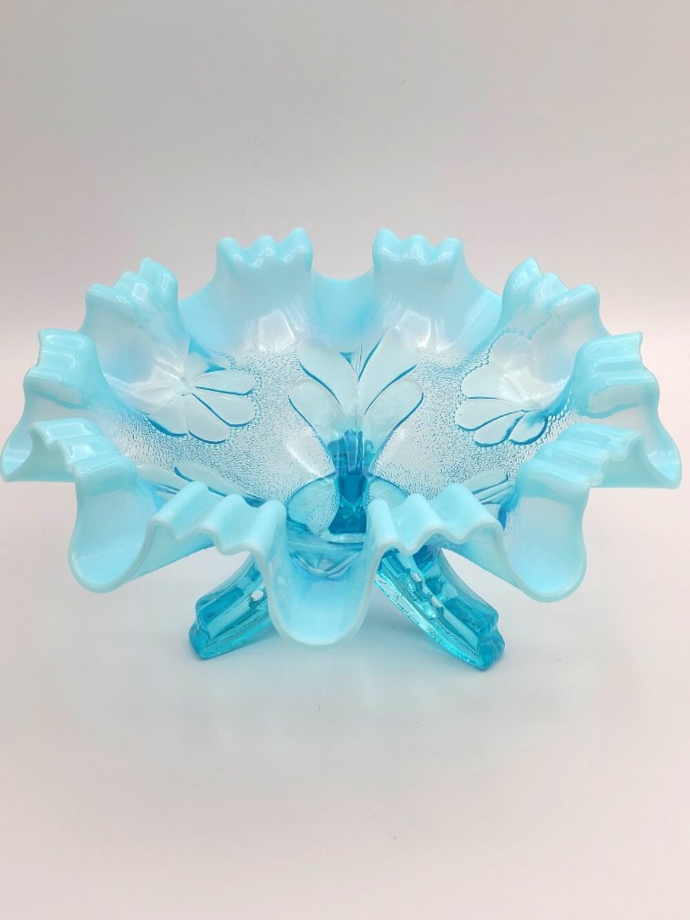 Antique Dugan Ice Blue Opalescent Daisy & Plume Footed Ruffled Bowl